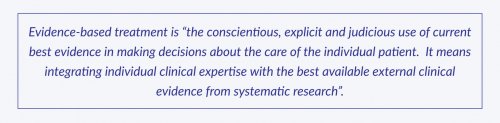 Evidence-based treatment is “the conscientious, explicit and judicious use of current best evidence in making decisions about the care of the individual patient. It means integrating individual clinical expertise with the best available external clinical evidence from systematic research”.